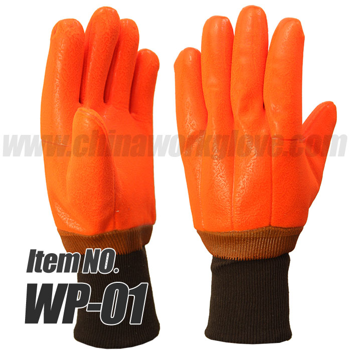 Fluorescent Orange PVC Winter Cold-resistant Safety Gloves, Knitted Wrist,  Foam Insulated Liner, Smooth/Sandy/Rough Finish